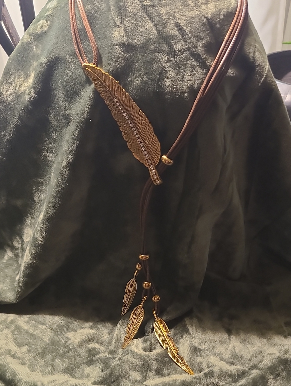 Boho Gold Tone Feather Multi Strand Cord Lariat Necklace